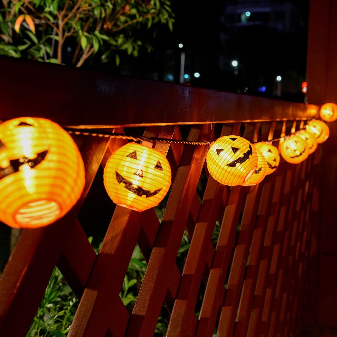 Halloween Pumpkin Lantern String Lights – 10-Pack 3D Orange Jack-O’-Lantern Fabric Lanterns, 9.8FT Connectable Plug-In String Lights, UL-Listed Outdoor & Indoor Halloween Decorations
